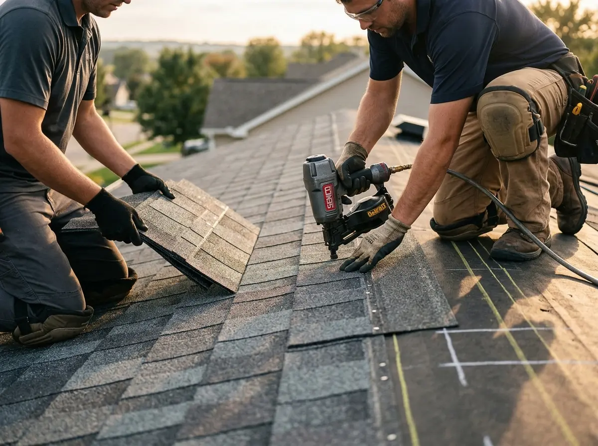 Professional roofer working on a residential roof in Belleville